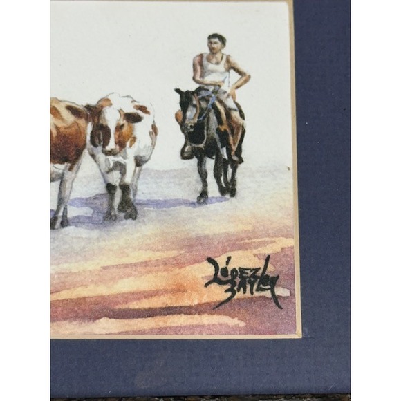 Lopez Baylon Watercolor Painting Cowboy Cattle Herd Rustic Western Framed Art - Picture 6 of 7